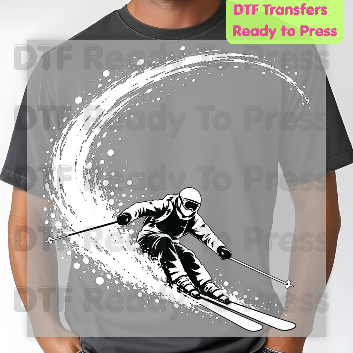 Skiing DTF Transfer, Skier with Snow Spray, Winter Sports Graphic