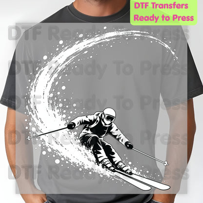 Skiing DTF Transfer, Skier with Snow Spray, Winter Sports Graphic