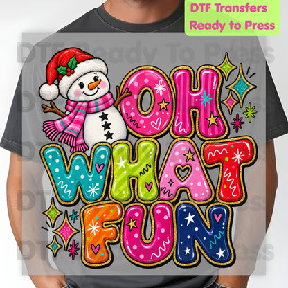 Cute Snowman Christmas DTF Transfers, Oh What Fun Retro Colorful Holiday Ready to Press