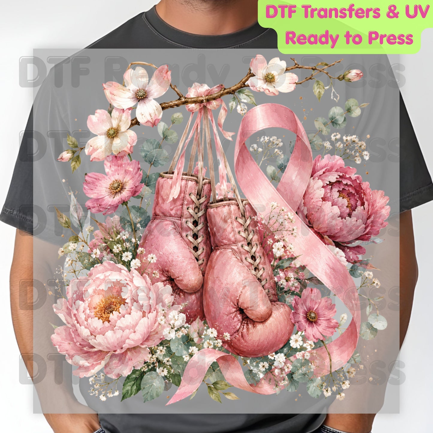 Pink Boxing Gloves Breast Cancer Awareness DTF Transfer Ready to Press Heat Transfer Floral Ribbon Tee