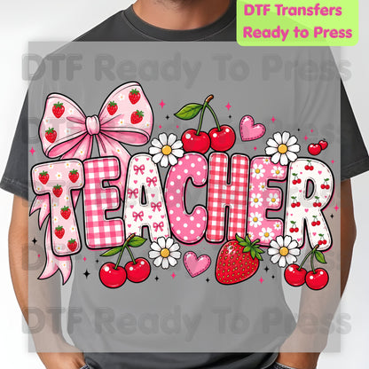 Teacher Coquette Pink DTF Transfers, Strawberries Cherries Bow School Educator Ready to Press