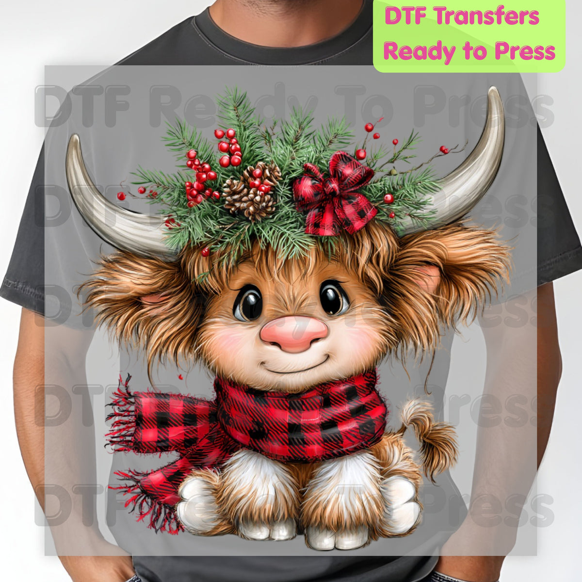Baby Highland Cow DTF Transfers, Plaid Scarf Cute Christmas Holiday Ready to Press