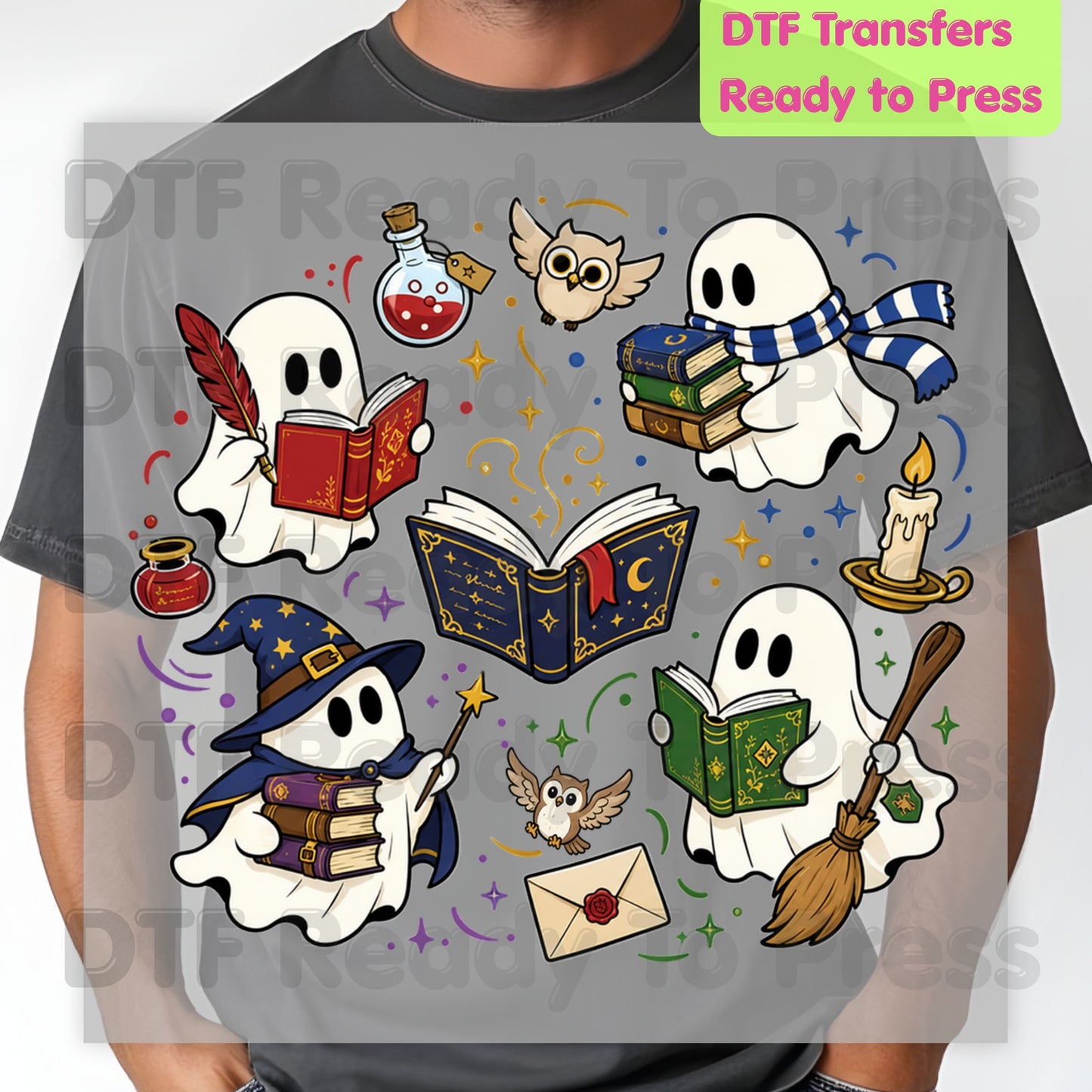 Reading Ghosts DTF Transfers, Spooky Bookish Ghosts Wizard Academy Halloween Ready to Press