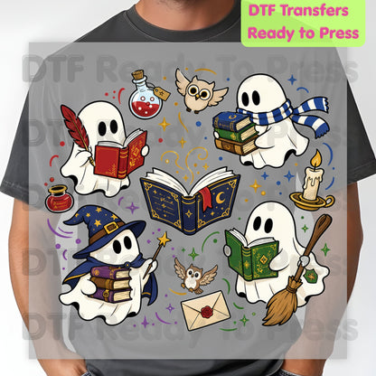 Reading Ghosts DTF Transfers, Spooky Bookish Ghosts Wizard Academy Halloween Ready to Press