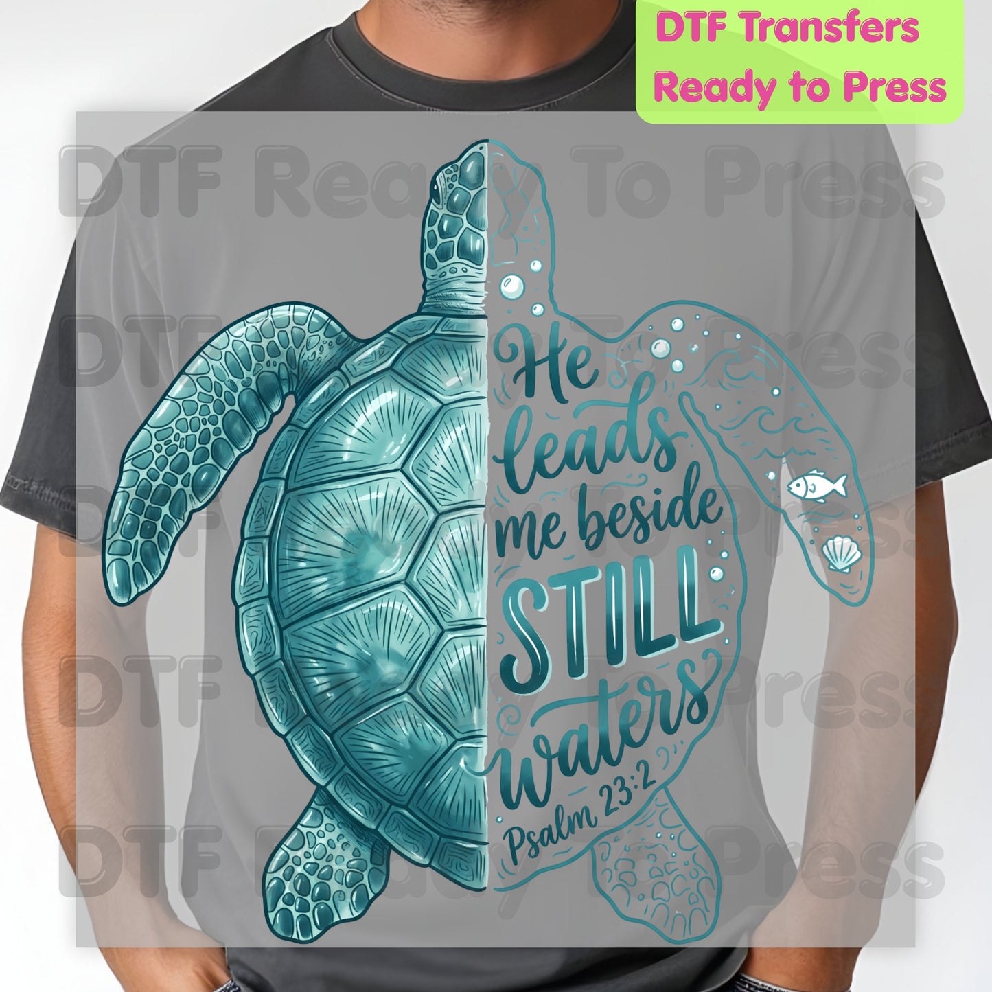 Christian DTF Transfers, Sea Turtle He Leads Me Beside Still Waters Psalm 23