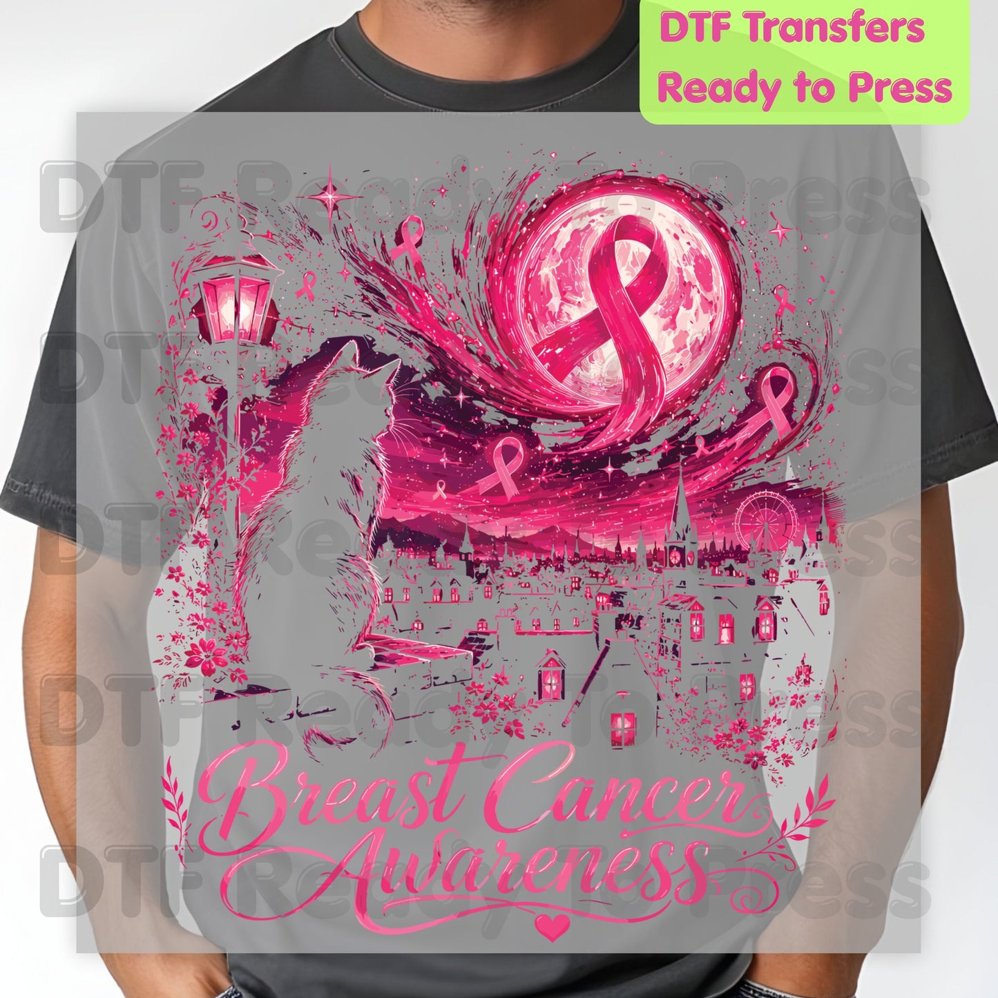 Pink Cat Moon Breast Cancer Awareness DTF Transfer Ready to Press Heat Transfer Tee