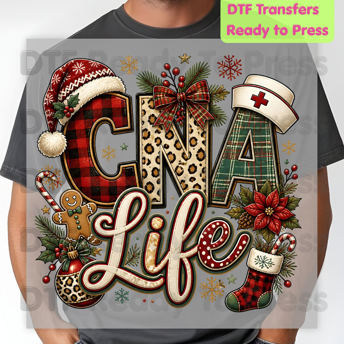 Christmas CNA Life DTF Transfers, Holiday Nurse Hat Plaid Leopard Medical Graphic Ready to Press