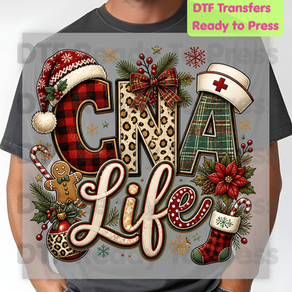 Christmas CNA Life DTF Transfers, Holiday Nurse Hat Plaid Leopard Medical Graphic Ready to Press