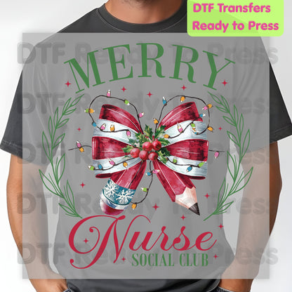 Merry Nurse Social Club DTF Transfers, Christmas Medical Coquette Bow Holiday Lights Nurse Ready to Press