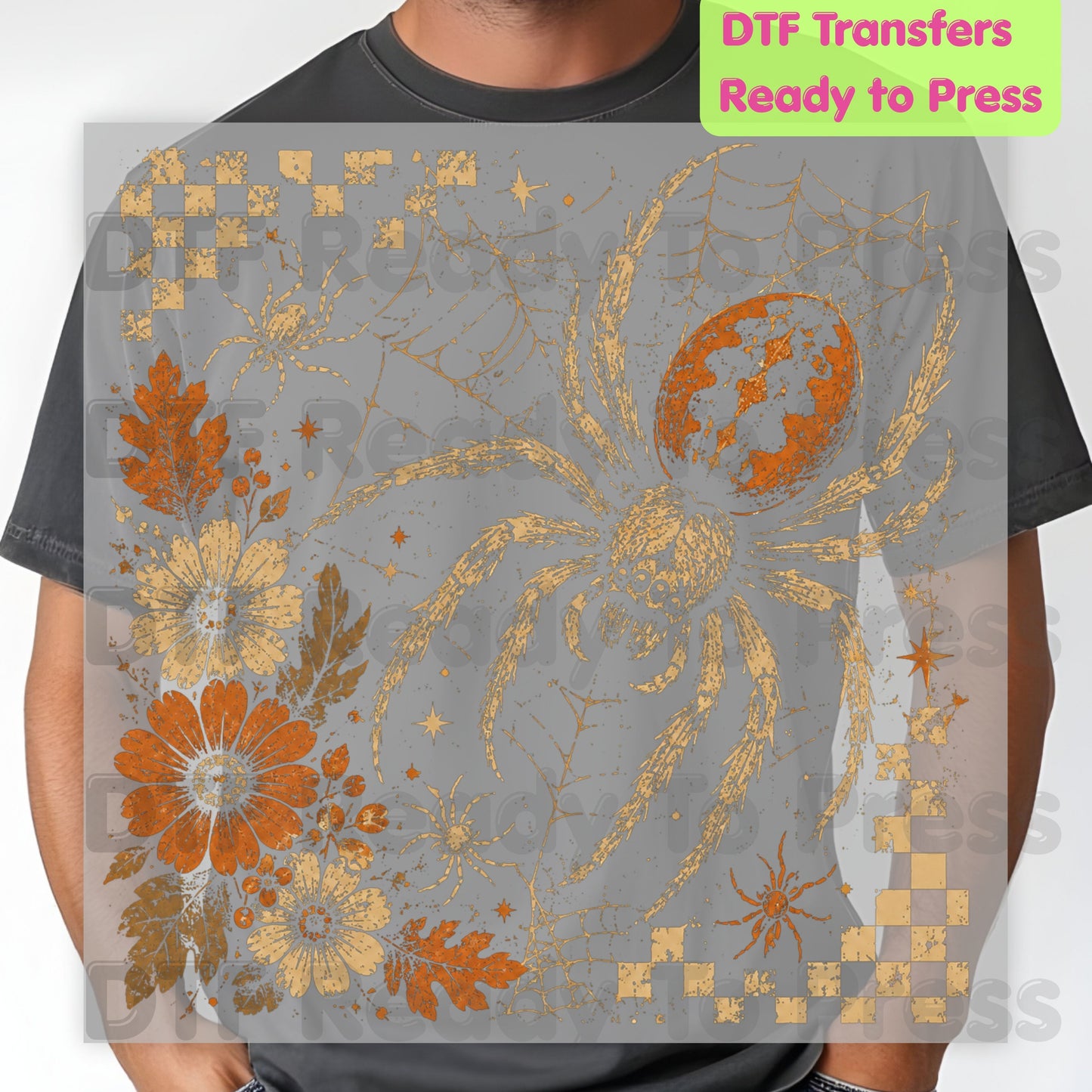 Vintage Fall Halloween Spider DTF Transfers, Floral Spiderweb Checkered Spooky Season Ready to Press