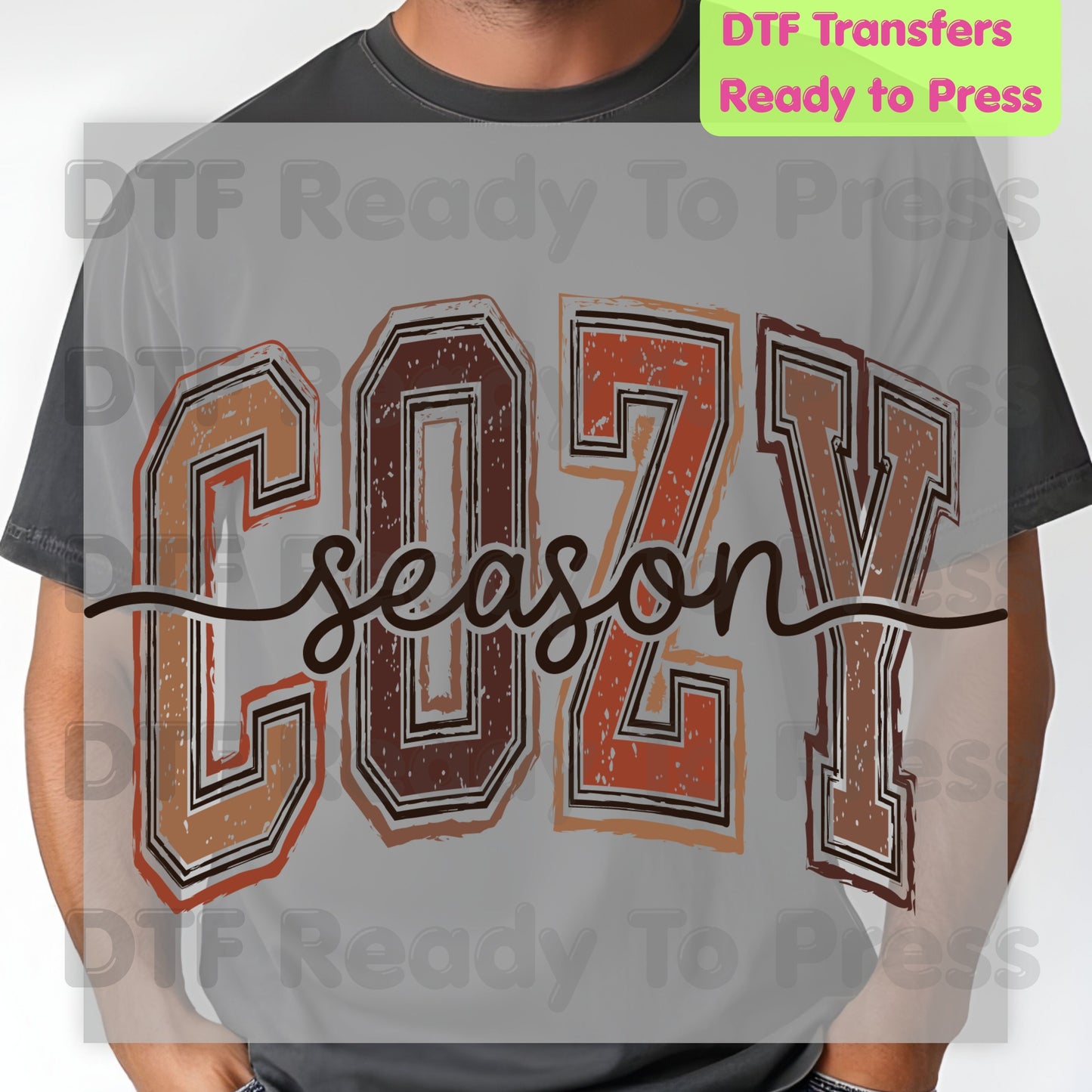 Cozy Season DTF Transfers, Distressed Varsity Letters Autumn Fall Neutral Tones Ready to Press