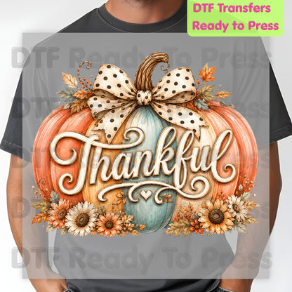 Thanksgiving Pumpkin DTF Transfer Ready to Press Thankful Heat Transfer For Shirts Polka Dot Bow Sunflowers Autumn Fall Vibe Floral Print
