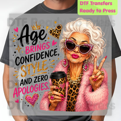 Age Brings Confidence DTF Transfers, Fabulous Glam Senior Woman Leopard Coffee Cup Ready to Press