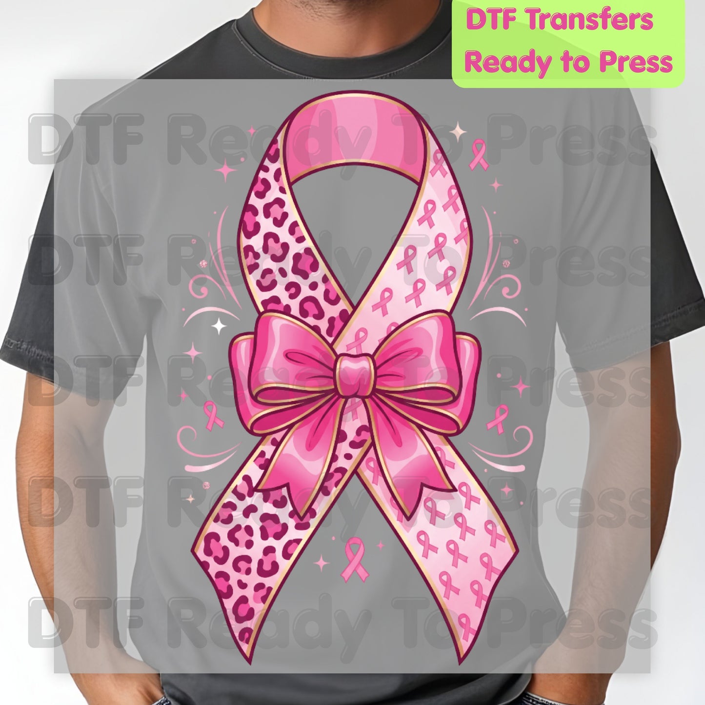 Leopard Pink Ribbon Bow Breast Cancer Awareness DTF Transfer Ready to Press Heat Transfer Tee