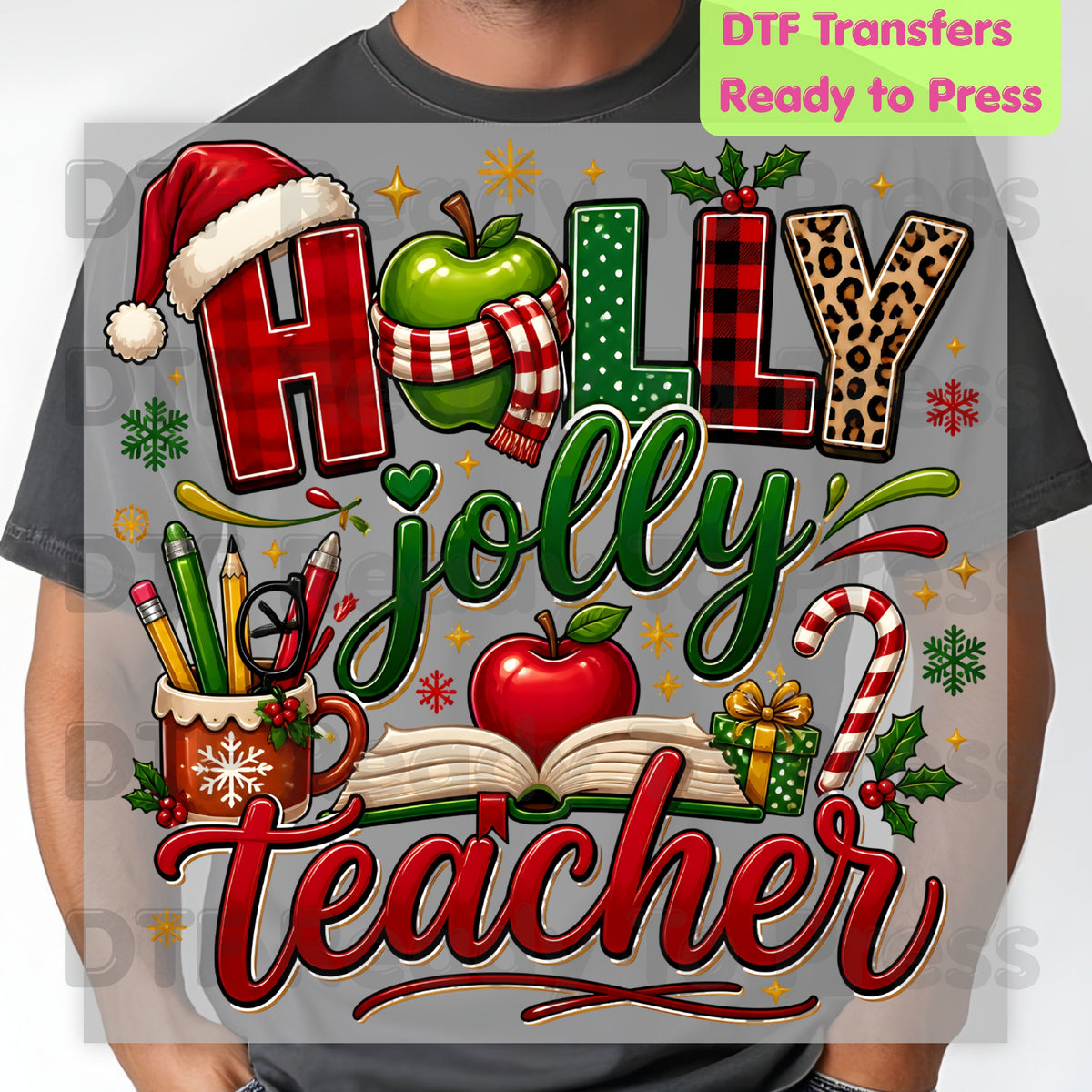 Holly Jolly Teacher DTF Transfers, Christmas School Apple Leopard Book Plaid Holiday Ready to Press