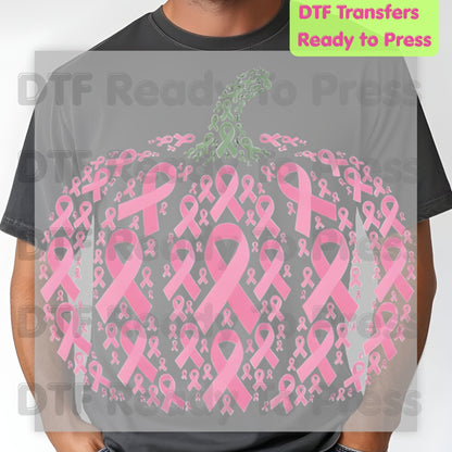 Pink Ribbon Pumpkin Breast Cancer Awareness DTF Transfer Ready to Press Fall Heat Transfer Tee