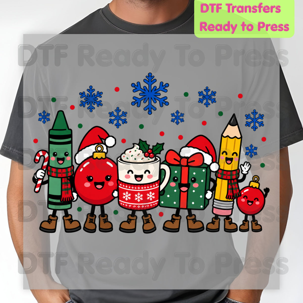 Christmas Teacher Squad DTF Transfers, Holiday School Crayon Cocoa Pencil Teacher Ready to Press