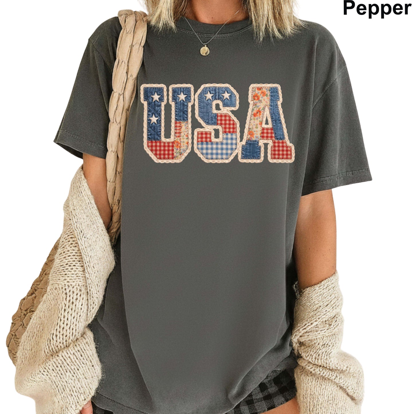 USA Faux Yarn Printed Comfort Colors T Shirt America Flag Heart Apparel Butterfly American Tees America Coquette Bow Clothing