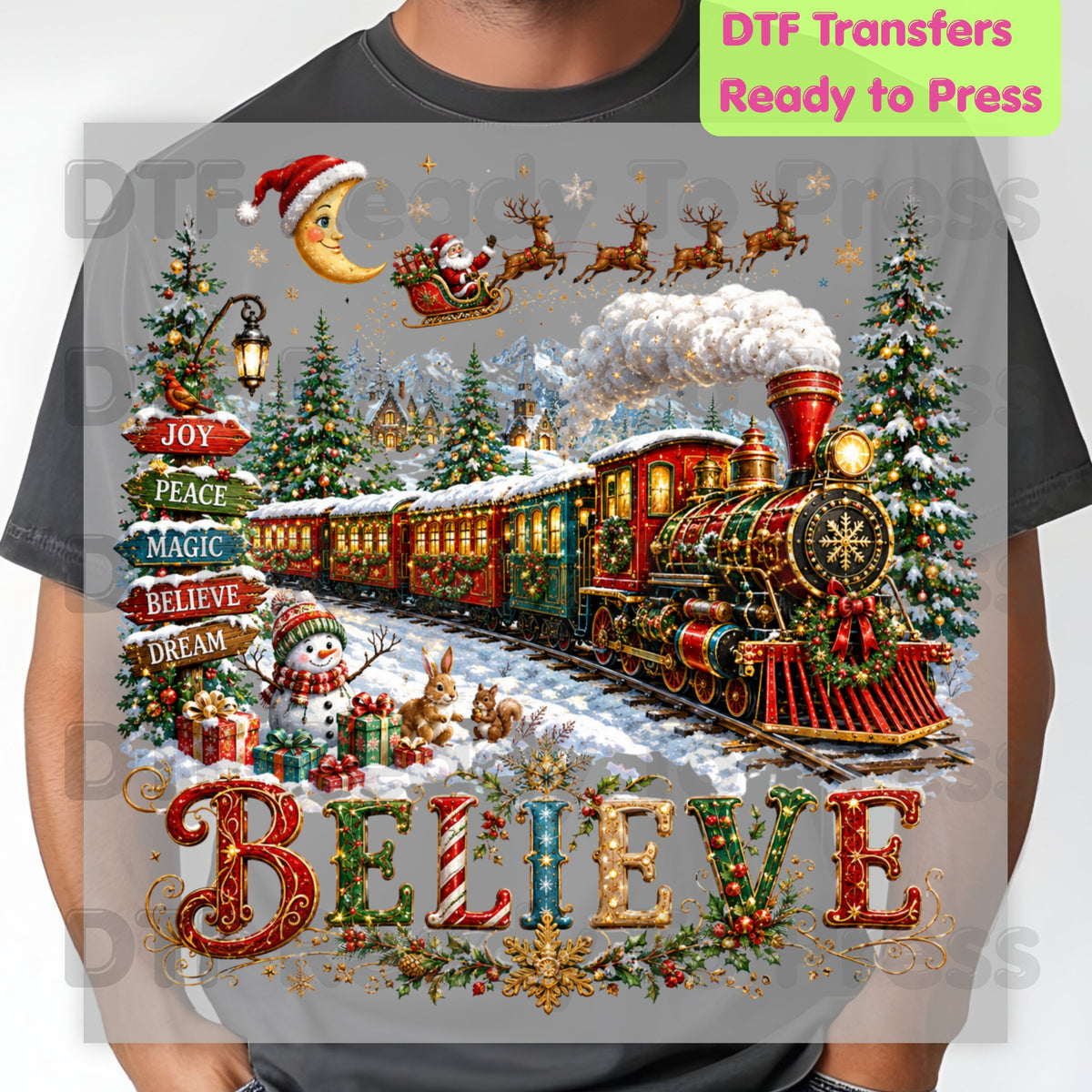 Believe Christmas Express DTF Transfers, Santa Sleigh Vintage Holiday Train Ready to Press