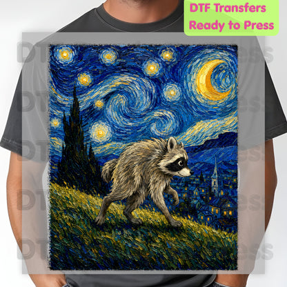 Starry Night Raccoon DTF Transfers, Oil Painting Van Gogh Style Funny Wildlife Art Ready to Press