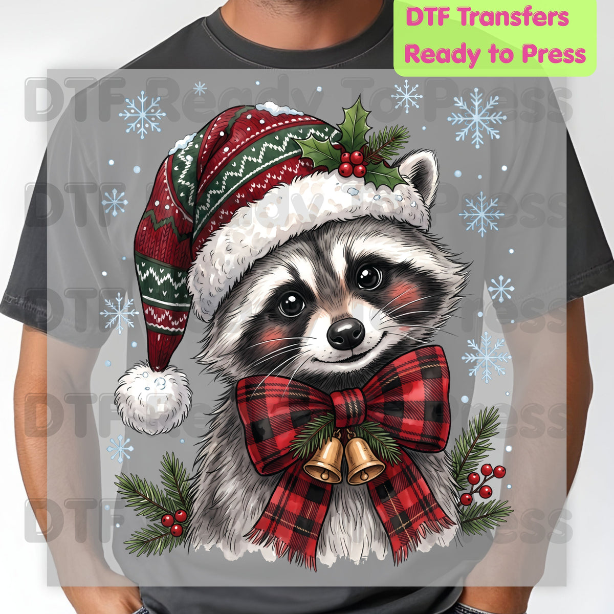 Christmas DTF Transfer, Raccoon Santa Hat, Buffalo Plaid Bow and Bells Graphic