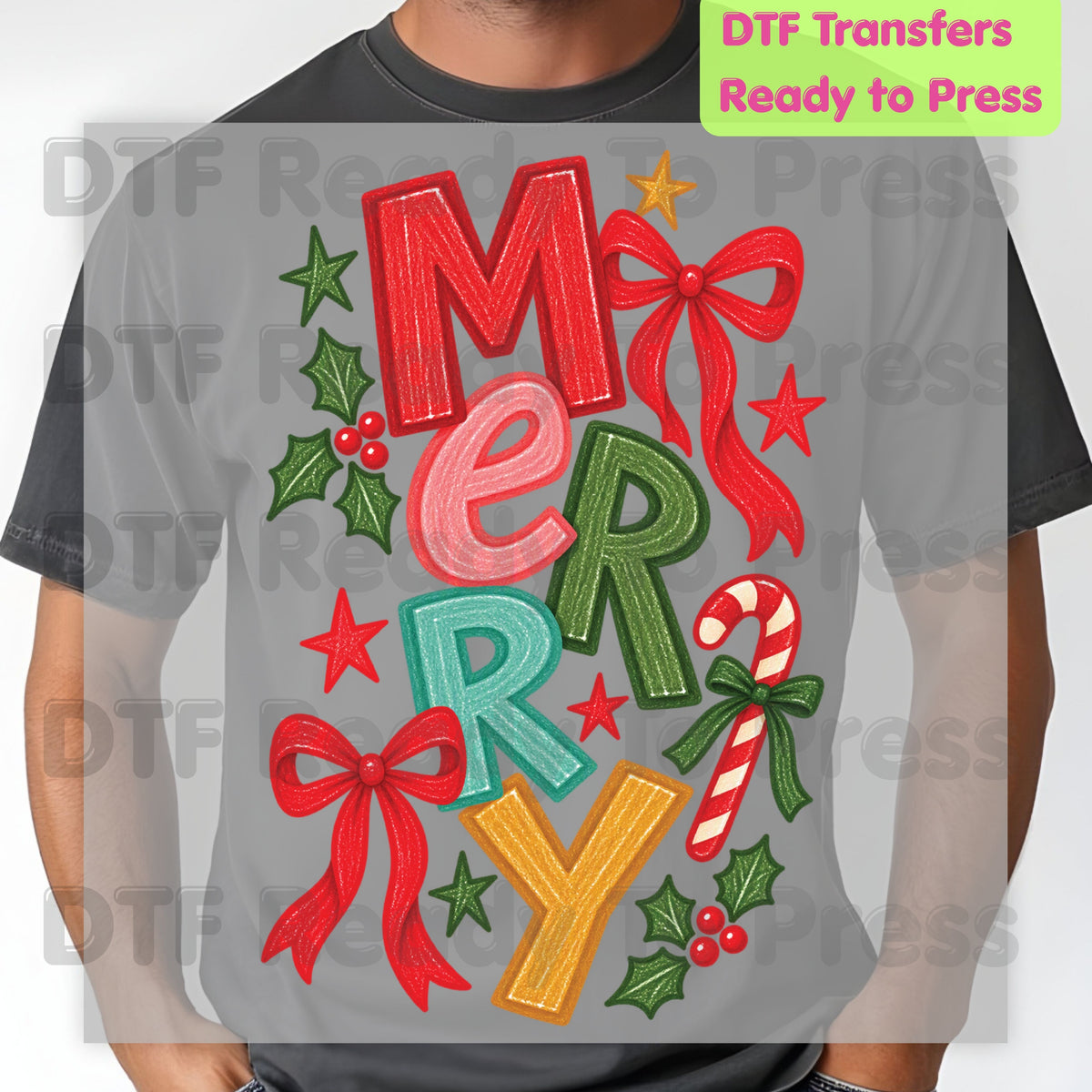 Christmas DTF Transfer, Merry Colorful Letters, Red Bow Candy Cane