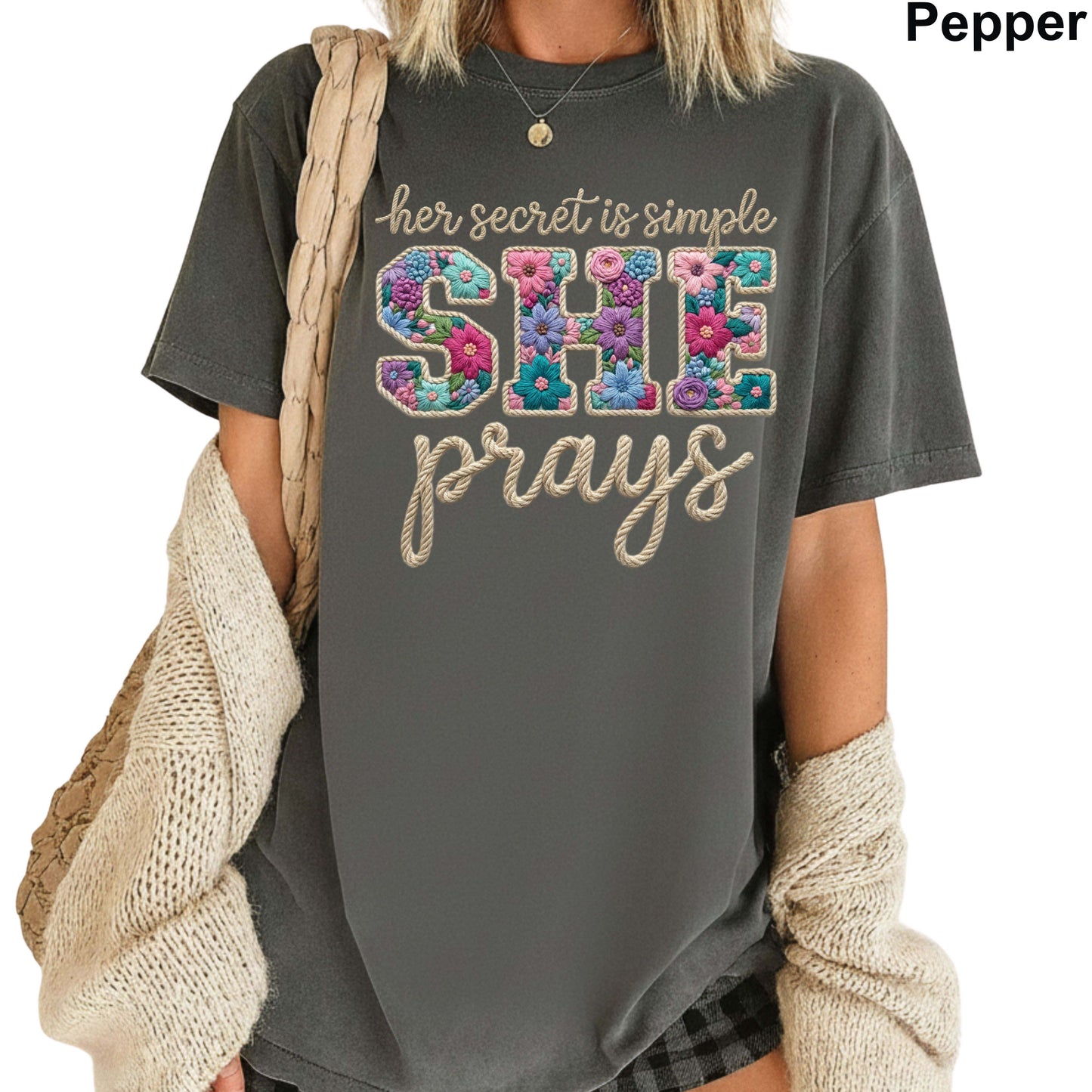 Christian Faux Yarn Printed Comfort Colors T Shirt Jesus Apparel Religious Faith Tees  She Prays The Heavens Roaring Made to Worship