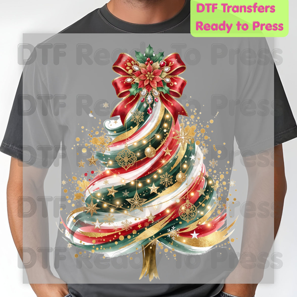 Christmas Tree DTF Transfers, Elegant Ribbon Bow Gold Glitter Holiday Ready to Press