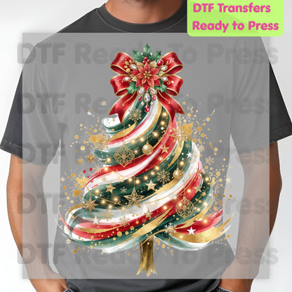 Christmas Tree DTF Transfers, Elegant Ribbon Bow Gold Glitter Holiday Ready to Press