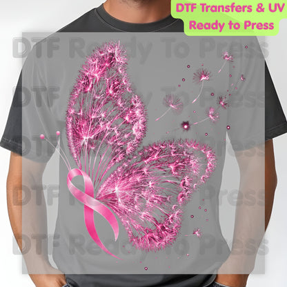 Pink Butterfly Ribbon Breast Cancer Awareness DTF Transfer Ready to Press Heat Transfer Dandelion Floral Tee