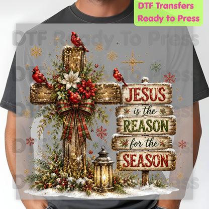 Jesus Is the Reason Christmas DTF Transfers, Cross Red Cardinals Christian Holiday Ready to Press