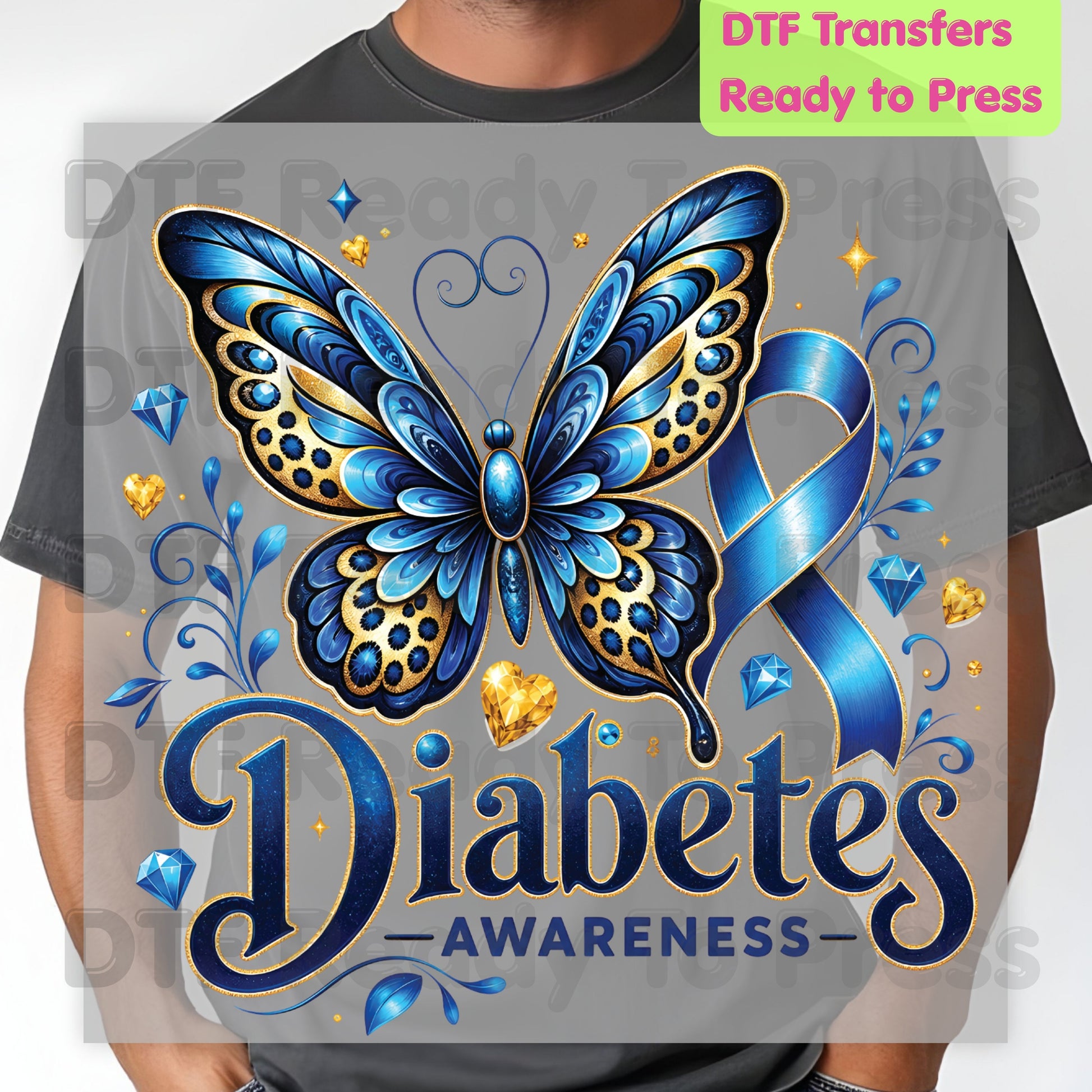 Diabetes Awareness DTF Transfer Ready to Press Blue Butterfly Ribbon Gold Gems Heat Transfer Tee Print Direct to Film Transfer