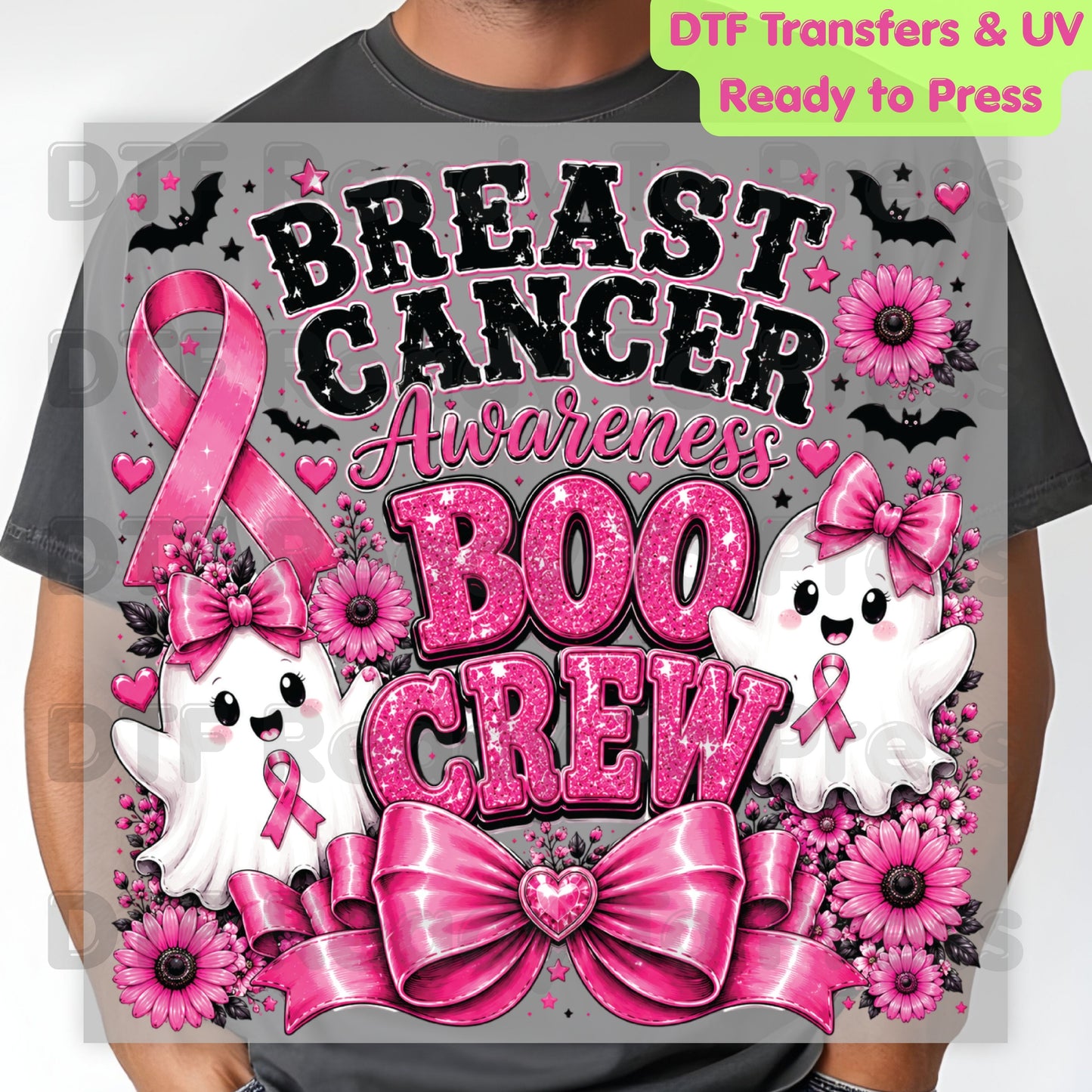 Breast Cancer Awareness Boo Crew DTF Transfer Ready to Press Heat Transfer Spooky Pink Ghost Bow Tee