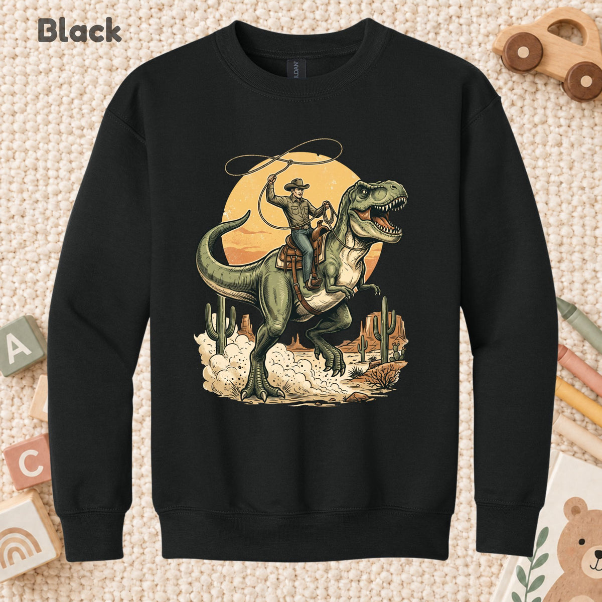 Cowboy Riding T-Rex Western T-Shirt, Rodeo Dinosaur Desert Cactus Tee for Toddler and Kids