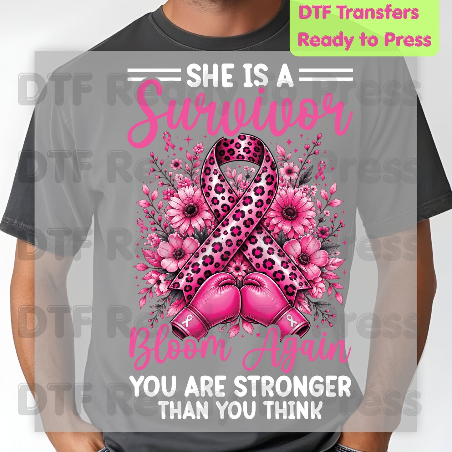 Survivor Bloom Again Breast Cancer Awareness DTF Transfer Ready to Press Heat Transfer Leopard Floral Tee