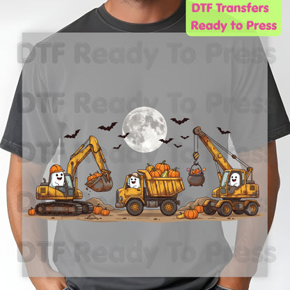 Halloween Construction Ghost Crew DTF Transfers, Excavator Dump Truck Crane Pumpkins Full Moon Bats Kids Ready to Press