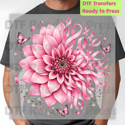 Pink Dahlia Butterfly Ribbon Breast Cancer Awareness DTF Transfer Ready to Press Heat Transfer Tee