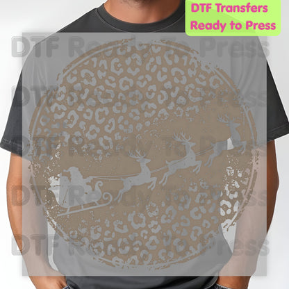 Christmas DTF Transfer, Santa Sleigh and Reindeer, Leopard Print Circle Graphic