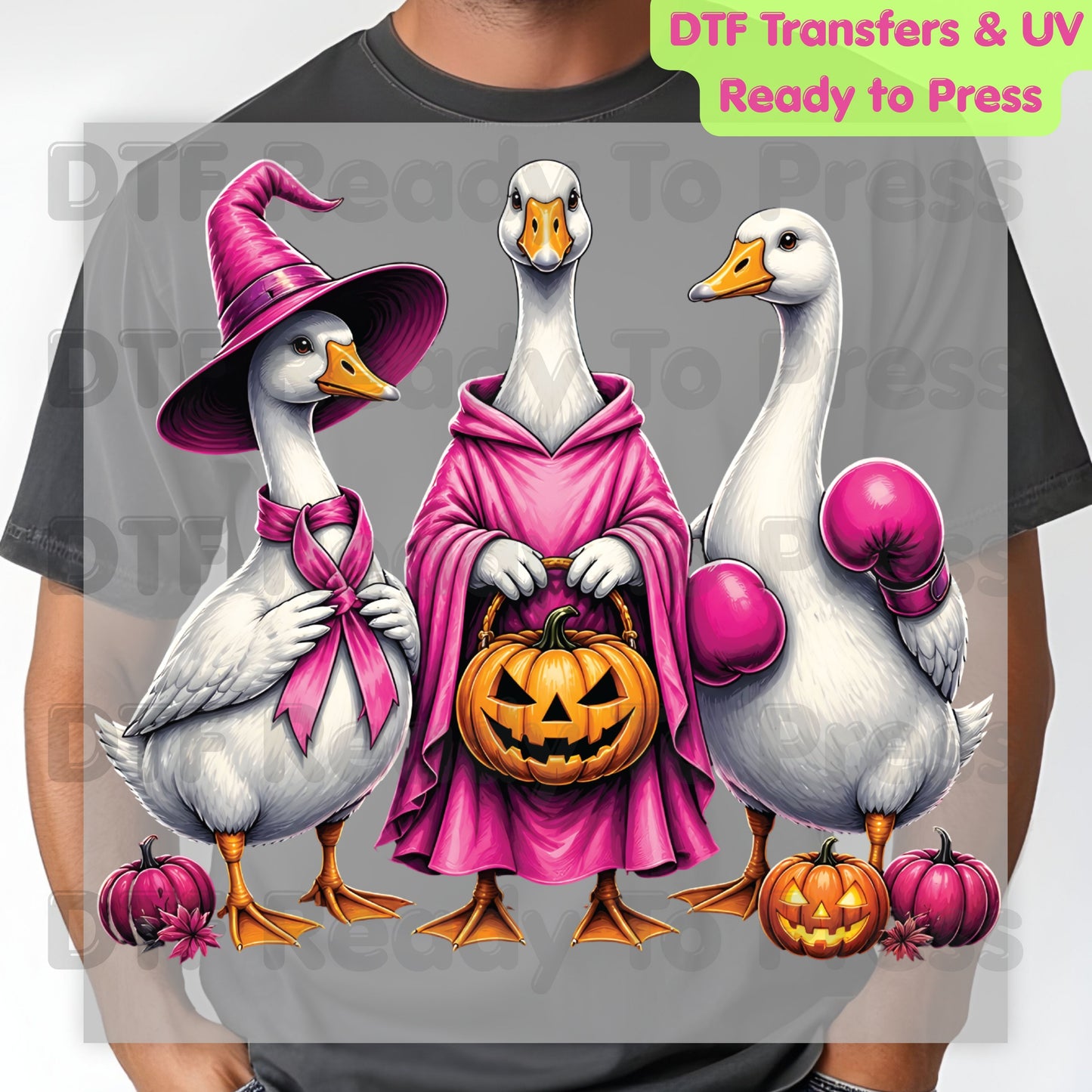 Pink Goose Breast Cancer Awareness Halloween DTF Transfer Ready to Press Spooky Heat Transfer Tee