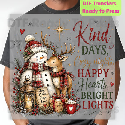 Kind Days Cozy Nights DTF Transfers, Snowman Reindeer Cute Christmas Holiday Ready to Press