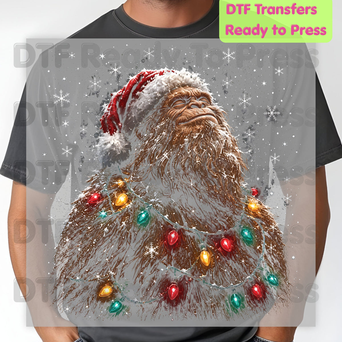 Christmas Bigfoot DTF Transfer, Santa Sasquatch Lights