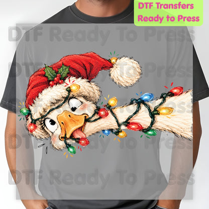 Christmas DTF Transfer, Funny Goose with Tangled Lights and Santa Hat