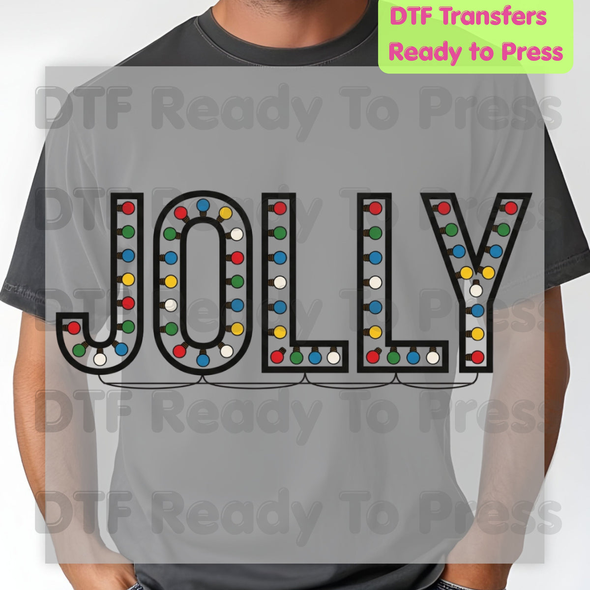 Jolly Christmas Lights DTF Transfers, Merry Holiday Colorful Bulb Graphic Ready to Press