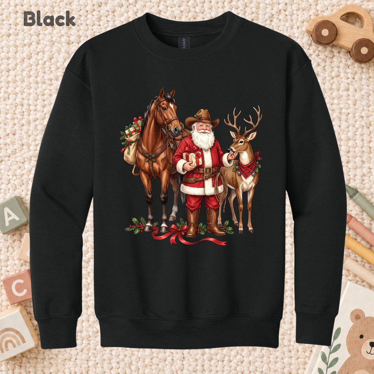 Cowboy Santa Christmas T-Shirt, Western Santa with Horse and Reindeer Graphic Tee, Country Holiday Shirt