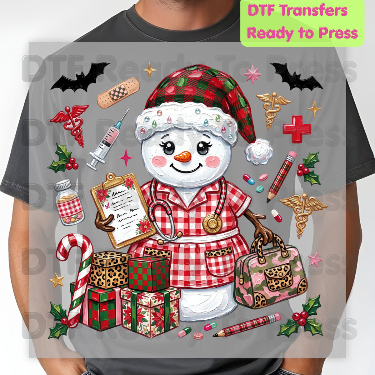 Christmas Nurse Snowman DTF Transfers, Medical Holiday Stethoscope Graphic Ready to Press