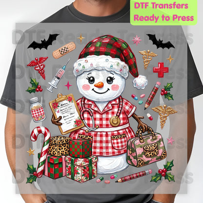 Christmas Nurse Snowman DTF Transfers, Medical Holiday Stethoscope Graphic Ready to Press