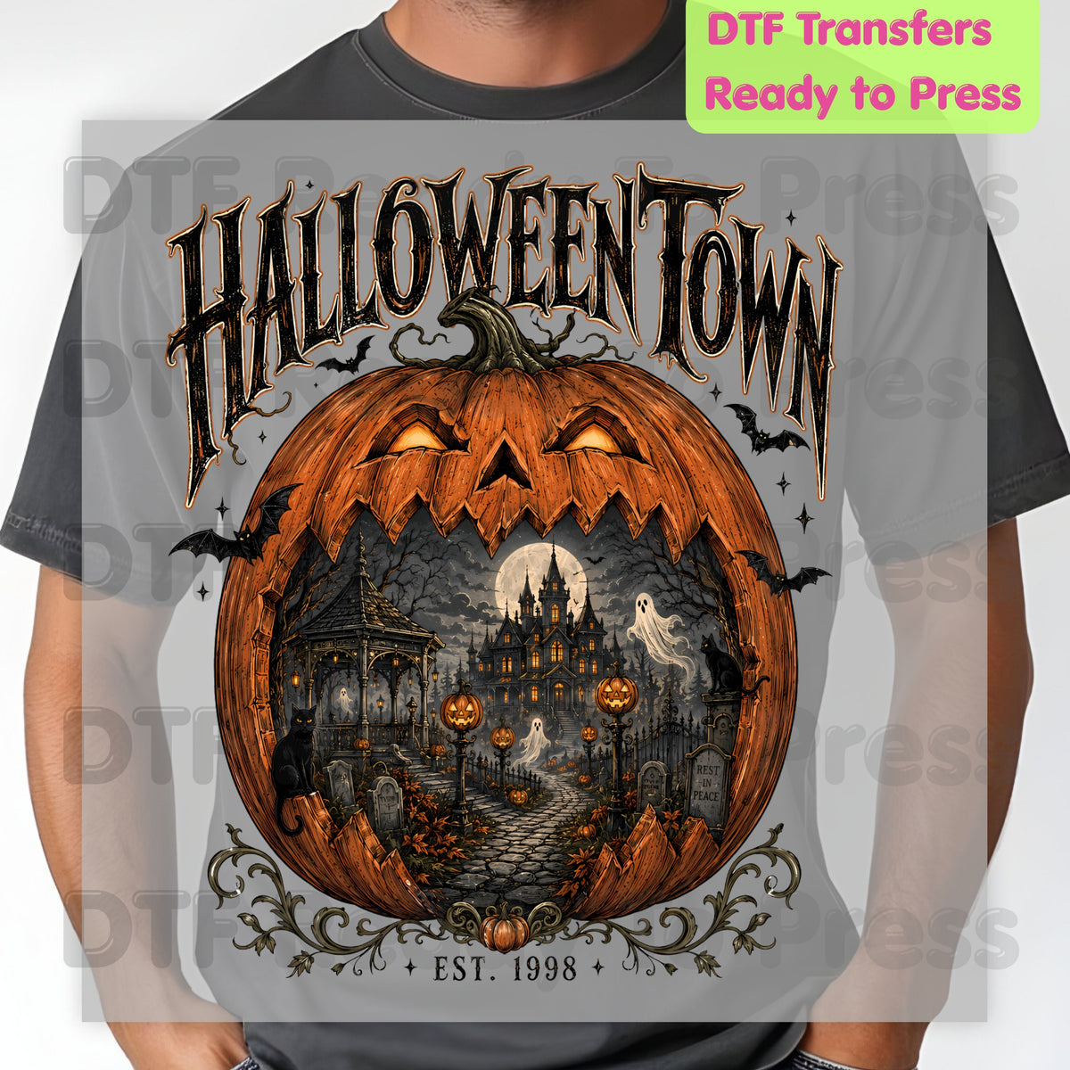Halloween Town DTF Transfers, Est 1998 Spooky Pumpkin Vintage Haunted House Ready to Press