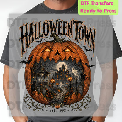 Halloween Town DTF Transfers, Est 1998 Spooky Pumpkin Vintage Haunted House Ready to Press