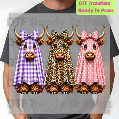 Highland Cow Ghost DTF Transfers, Halloween Spooky Cow Leopard Polka Dot Bow Ready to Press