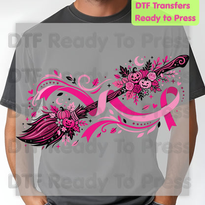 Pink Witch Broom Pumpkin Ribbon Breast Cancer Awareness DTF Transfer Ready to Press Heat Transfer Tee